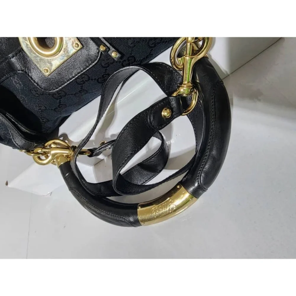Authentic Gucci GG Canvas and Leather Medium Babouska Indy Hobo Bag Black